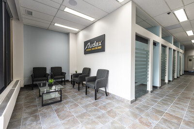 Bright and comfortable waiting area at Audax Sport Medicine, Calgary, designed for a calm patient experience